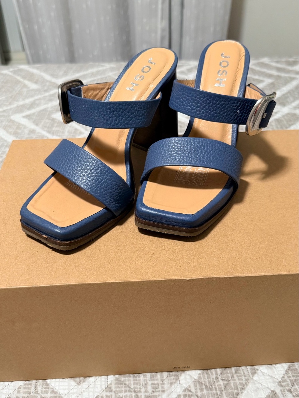 Navy Two-Strap Block Heel Sandals with Buckle